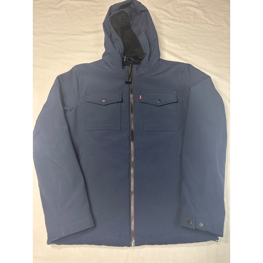 Levis Mens Hooded Softshell Jacket Navy Blue Sherpa Lined Full Zip Small